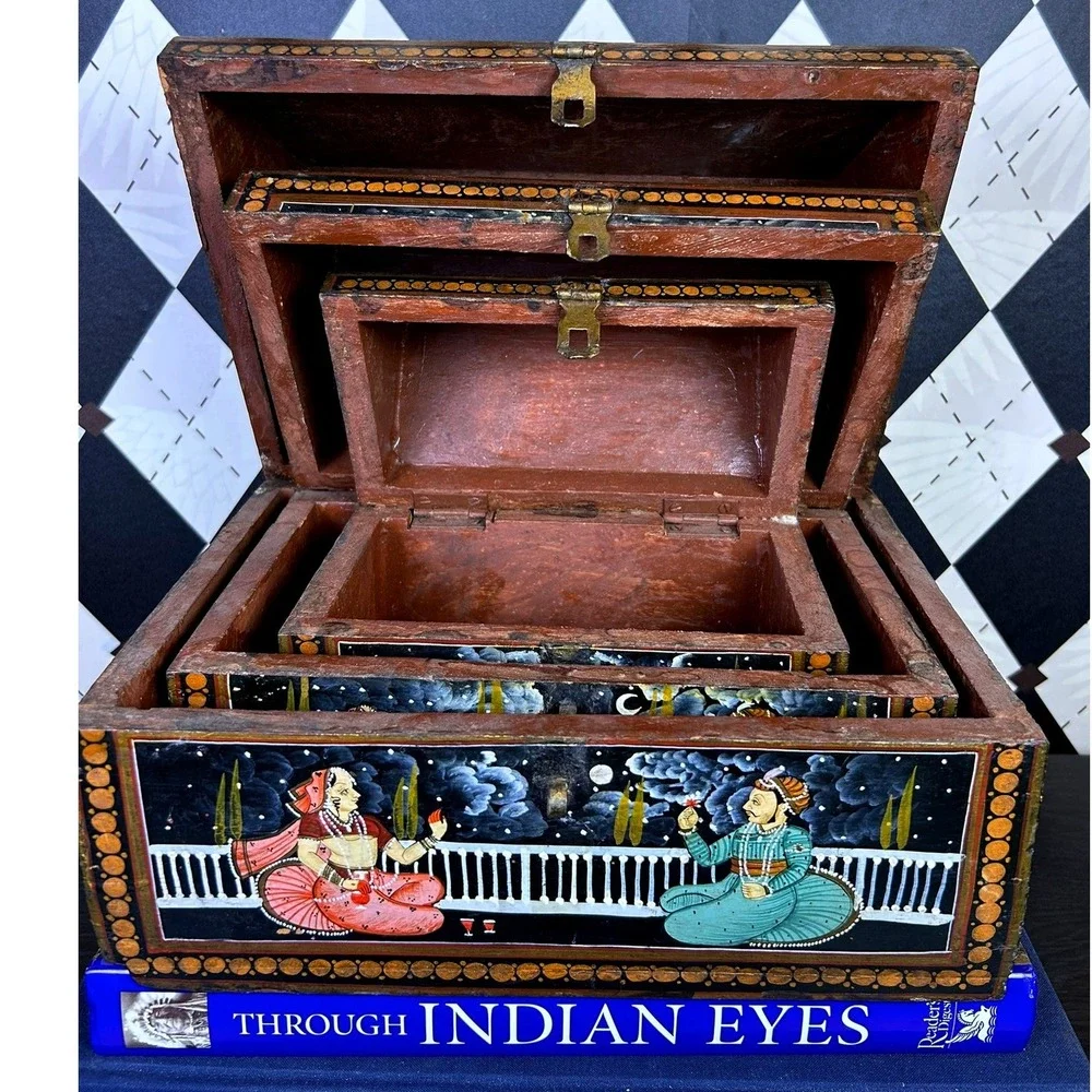 Vintage Indian Hand Painted Nesting Wooden Box Set of 3 Folk Art Storage Chests